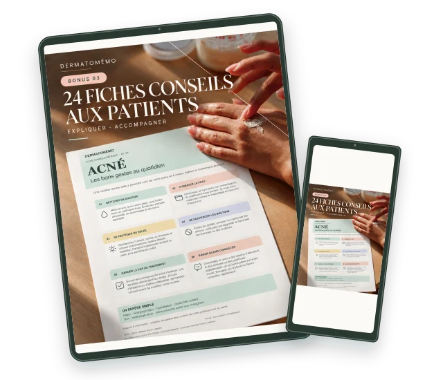 Bonus 3 : 24 fiches de conseils aux patients, couverture photographique avec une fiche conseils sur tablette et téléphone