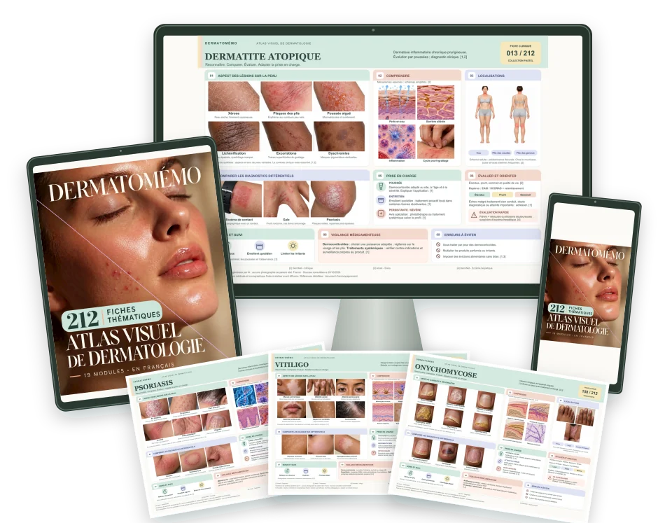 DermatoMémo présenté sur ordinateur, tablette et téléphone, accompagné de plusieurs fiches ouvertes